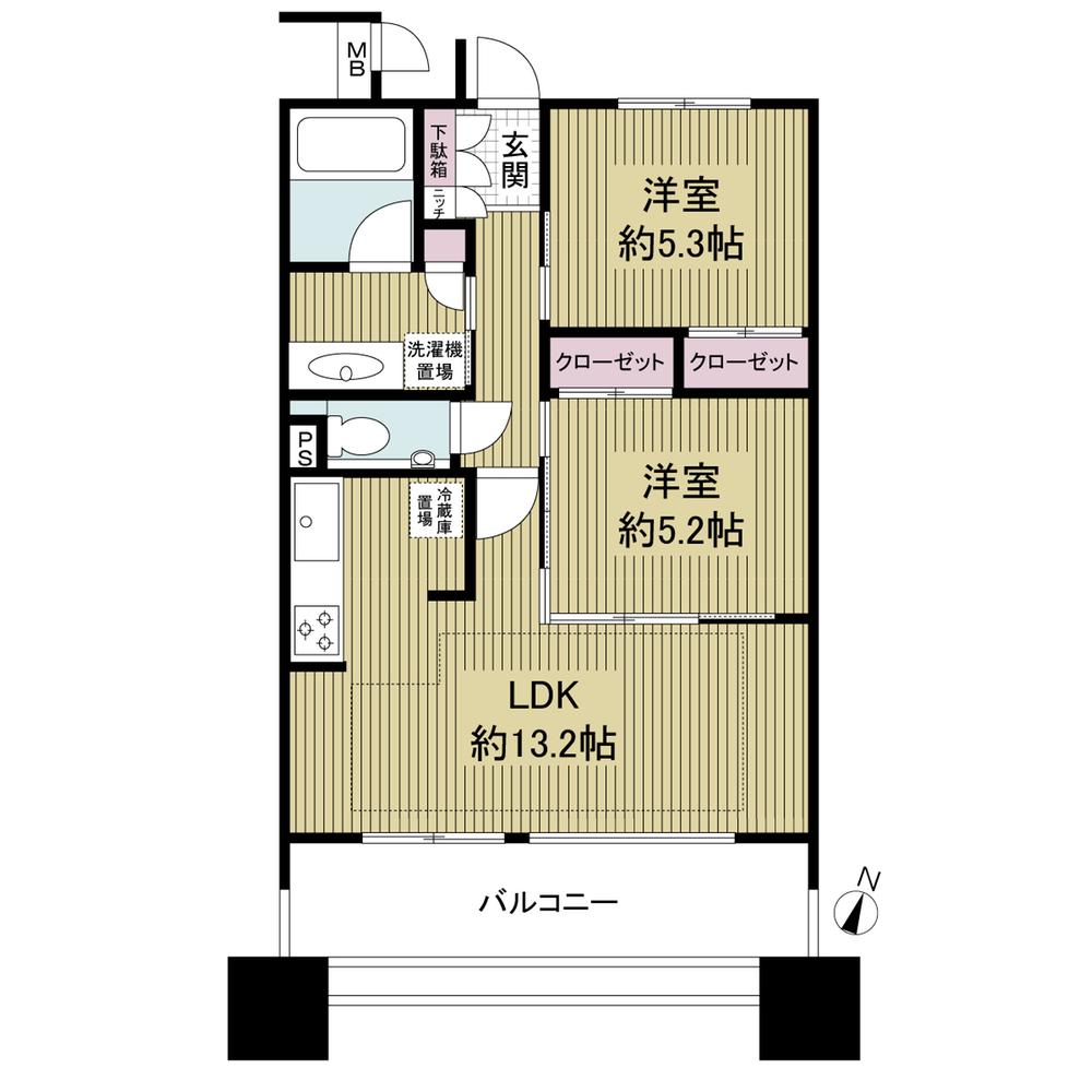 Floor plan. 2LDK, Price 19,800,000 yen, Occupied area 54.81 sq m , Balcony area 12.6 sq m