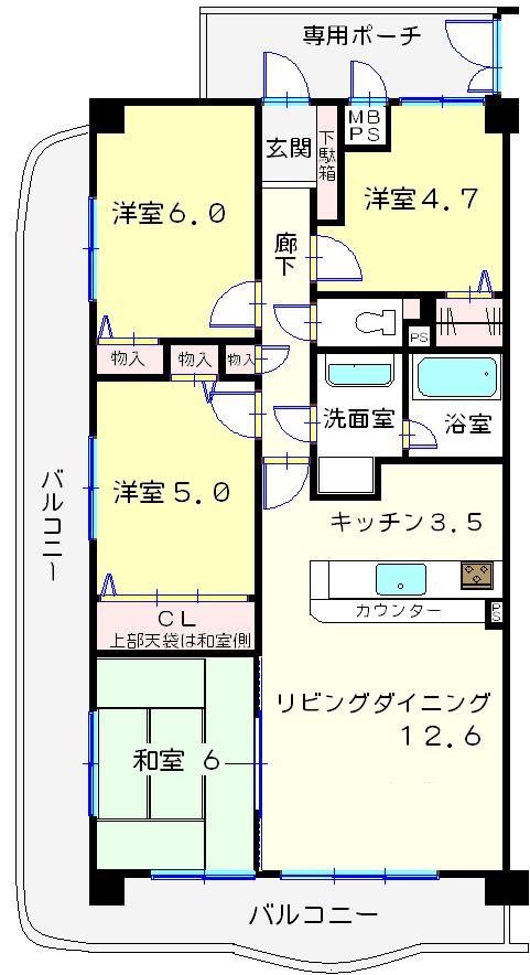 Floor plan. 4LDK, Price 21.9 million yen, Occupied area 82.41 sq m , Balcony area 26.79 sq m southwest angle room