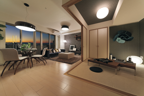 Living.  [Living and dining] You can enjoy the airy living space with a sense of unity with the modern Japanese-style room. I want you to consider child-rearing family, 78 sq m more than 3LDK is also a must-see (local 3404 in Room ・ G78-D type (34th floor) model room. 2013 October shooting)