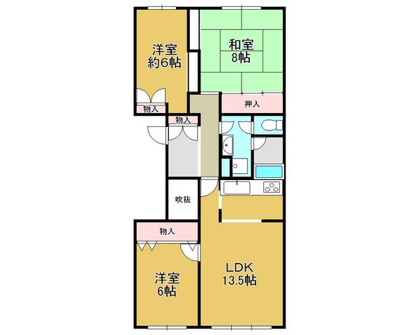 Floor plan. 3LDK, Price 12.5 million yen, Footprint 84 sq m , Spacious living space on the balcony area 13.6 sq m whole room with storage space