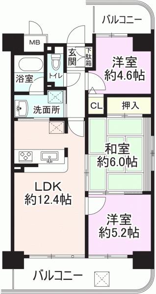 Floor plan. 3LDK, Price 17 million yen, Occupied area 62.01 sq m , Balcony area 12.92 sq m