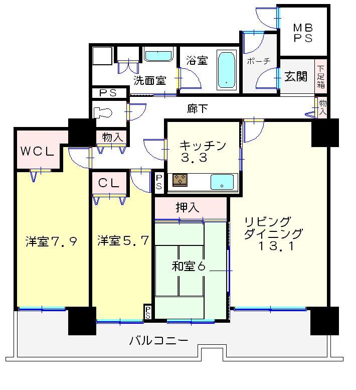 Floor plan. 3LDK, Price 32 million yen, Occupied area 93.42 sq m , Facing the balcony area 17.32 sq m all room balcony!
