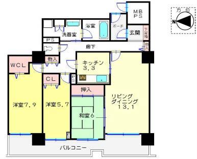 Floor plan. 3LDK, Price 32 million yen, Occupied area 93.24 sq m , Balcony area 17.32 sq m