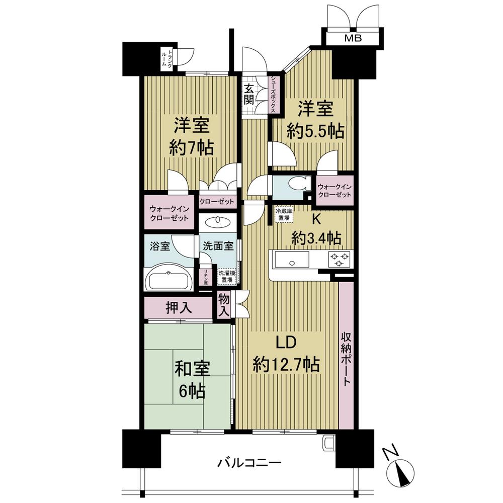 Floor plan. 3LDK, Price 37,900,000 yen, Footprint 75.8 sq m , Balcony area 12.54 sq m