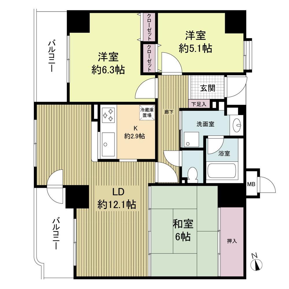 Floor plan. 3LDK, Price 19,800,000 yen, Occupied area 71.39 sq m , Balcony area 9.16 sq m