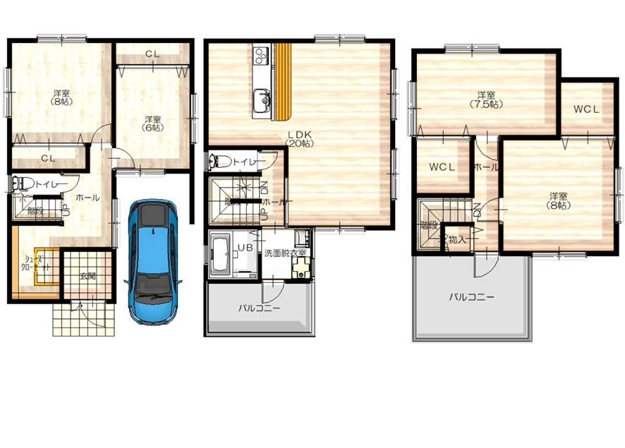 Building plan example (floor plan). 3-story PLANII (total floor area of ​​128.79 sq m)