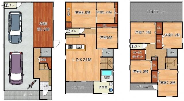 Floor plan. 85 million yen, 7LDK+2S, Land area 137.28 sq m , Building area 264.83 sq m