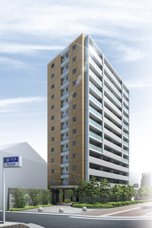 Features of the building.  [appearance] Imposing figure on the ground 13 stories. Emphasize the vertical line "Marion (decorative pillars)" is, Produce a relaxed form towards the sky. Middle layer portion ・ The high-rise section heavy use of glass handrail, We have to highlight the the urban stylish look (Rendering diagram and the peripheral illustrations)