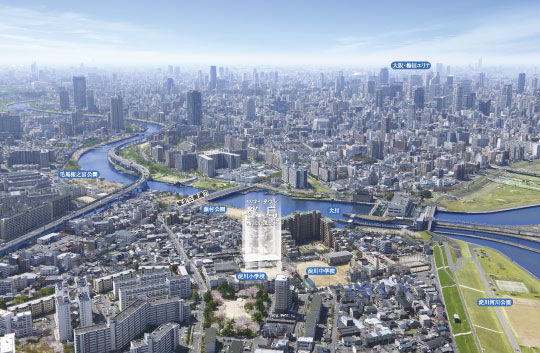 aerial photograph. Surrounded by water and the flowers and greenery, The city of all 19 compartments feel naturally familiar. Osaka ・ It may be access to the Umeda, That where the CG synthesis to aerial photographs of the city of convenience also luxurious location (April 2011 shooting entering the hand, In fact a slightly different)