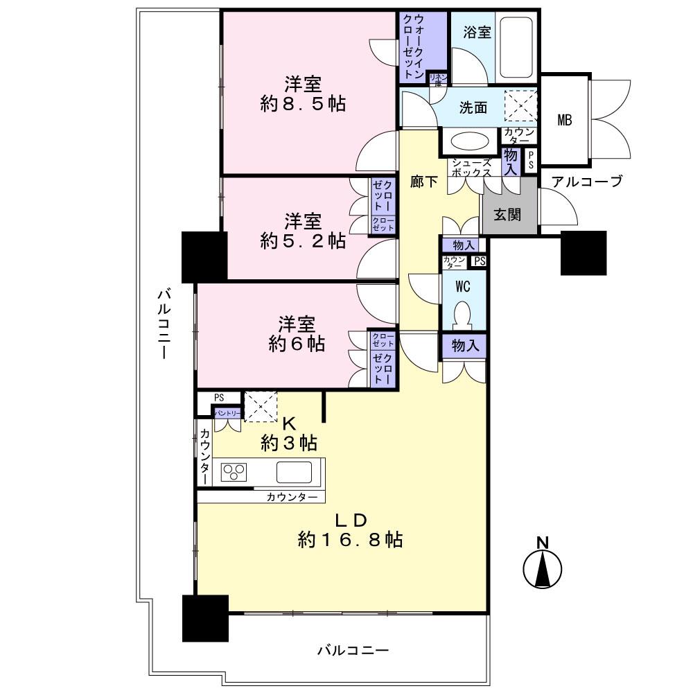 Floor plan. 3LDK, Price 48,300,000 yen, Occupied area 87.21 sq m , Balcony area 30.11 sq m
