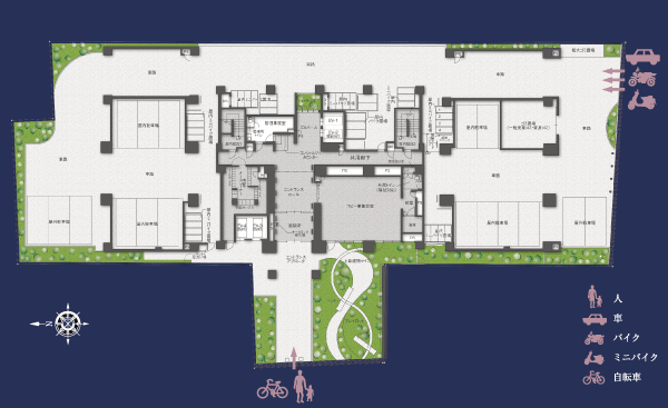 Features of the building.  [Land Plan] Taking advantage of the spacious grounds, Play lot and lobby and meeting room, Also loose and ensure common areas, such as Bike storage of underground. Enough to live, You can feel the comfort of the room there everyday (site layout)