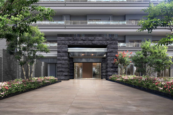 Buildings and facilities. Spread on both sides is planting to bring the natural moisture, Entrance approach and spacious. Entrance around, In design classy that take advantage of the massive natural stone, I feel the pride and status for those who live (entrance approach Rendering)