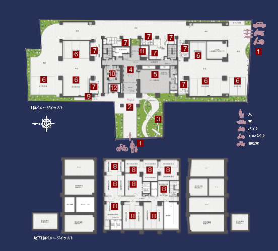 Land plan view (1) step car isolation design (2) Entrance approach (3) planting plan (4) Entrance Hall (5) the lobby and meeting rooms (6) Parking (7) bike ・ Mini bike yard (8) Bike storage (9) Pet foot washing place (10) Delivery Box (11) Elevator (12) bicycle Elevator