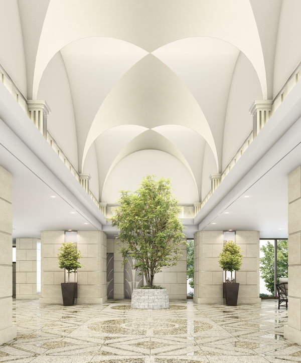 Shared facilities.  [East Entrance Hall] East entrance hall high ceiling of the space due to the cross vault. Hotel-like hospitality of the space has been brilliant director (Rendering)