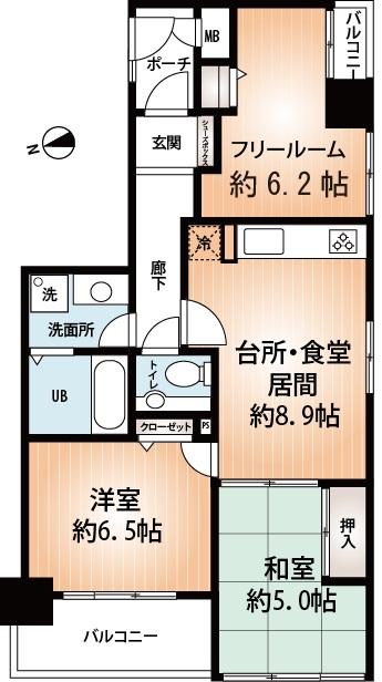 Floor plan. 3LDK, Price 21,800,000 yen, Occupied area 61.11 sq m , Balcony area 7.34 sq m