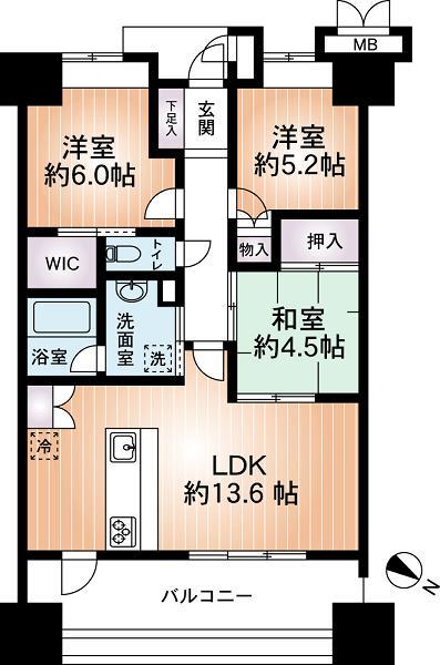 Floor plan. 3LDK, Price 22,900,000 yen, Occupied area 65.34 sq m , Balcony area 12.73 sq m