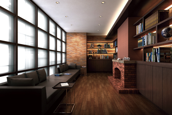 Shared facilities.  [Library] Library that is disposed at the back of the lobby "LUXE". Nestled a fireplace, Unity in the interior of the brick-and woodgrain. Here also, The history of the old Osaka Prefectural Government has alive (Rendering)
