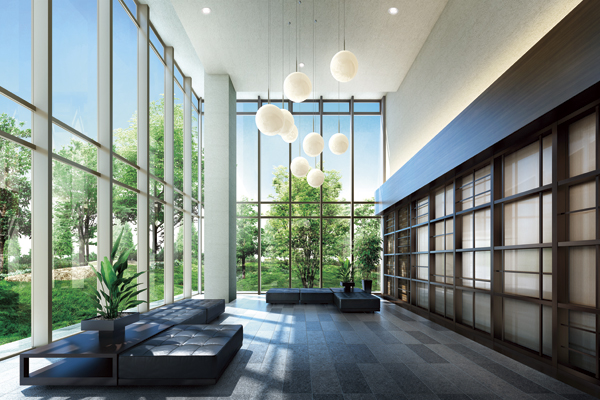 Shared facilities.  [lobby] Lobby full of a feeling of opening of the two-layer Fukinuki "MEETS". It pours the sunlight from large windows arranged in one wall, The other side of the windows spread lush garden (Rendering)