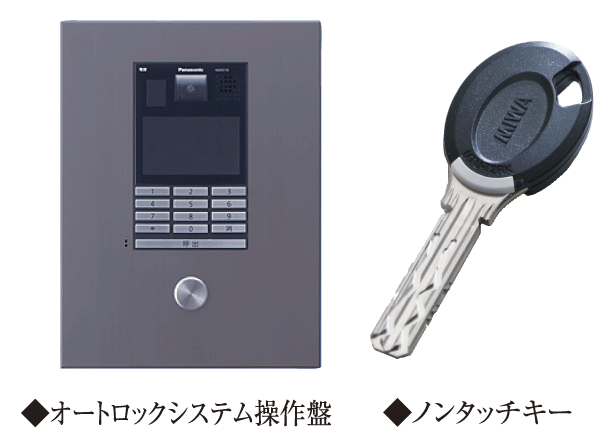 Security.  [Advanced auto-lock system keyless entry system with keyless entry] Door and the first floor elevator Nokuchi of windbreak room is, Check the visitors from within the dwelling unit in a hands-free color monitor security intercom with, You can unlock. The keyless entry function, Residents can be unlocked by simply close the front door key to the operation panel (same specifications)