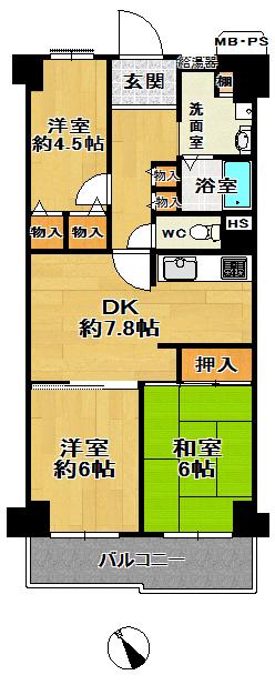 Floor plan. 3DK, Price 15.8 million yen, Occupied area 63.28 sq m , Be present condition priority shea m per balcony area 7.6 sq m outline.