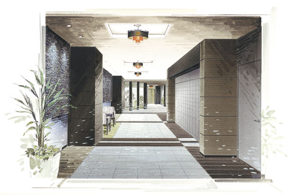 Features of the building.  [Entrance hall] Space of relaxation reminiscent of a hotel lobby has been directing ※ Posted to that illustration is an image, appearance ・ color ・ Planting is different from the actual (Rendering)