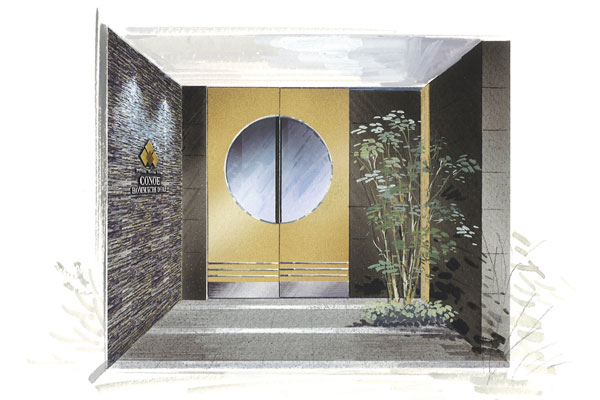 Features of the building.  [Entrance approach] Life settled not in the large-scale apartment has been created ※ Posted to that illustration is an image, appearance ・ color ・ Planting is different from the actual (Rendering)