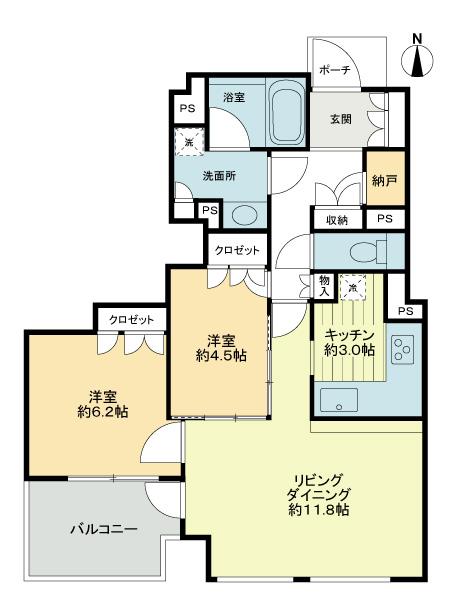 Floor plan. 2LDK + S (storeroom), Price 30,800,000 yen, Occupied area 61.16 sq m , Balcony area 6.32 sq m