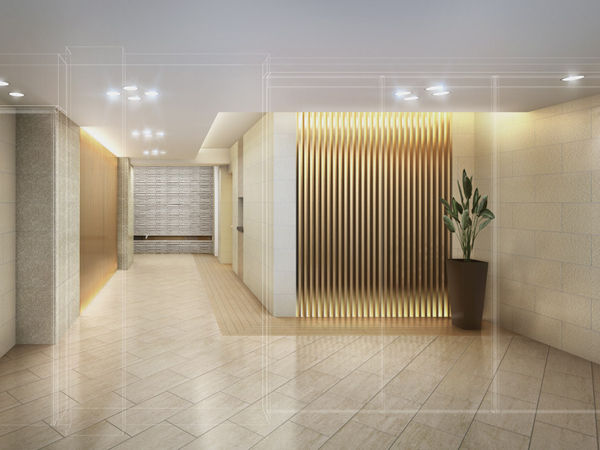 Features of the building.  [Entrance hall] Entrance Hall oblique paste of floor tile is continuous from the approach is to produce a sense of unity. Accents of wood tiles that feel the tile and the warmth with an emphasis on texture, Comfort and calm have been Motaraseru so design (Rendering)