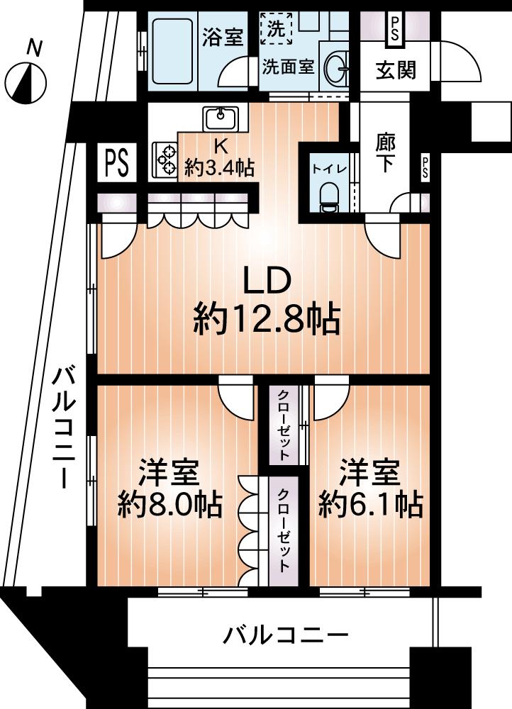 Floor plan. 2LDK, Price 29,800,000 yen, Occupied area 69.03 sq m , Balcony area 18.02 sq m