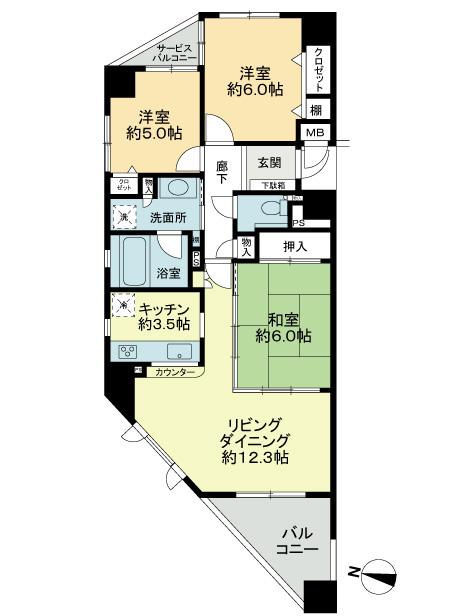 Floor plan. 3LDK, Price 28,900,000 yen, Occupied area 75.84 sq m , Balcony area 6.8 sq m