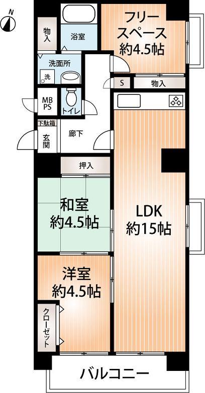Floor plan. 2LDK + S (storeroom), Price 18,800,000 yen, Occupied area 69.55 sq m , Balcony area 8.64 sq m