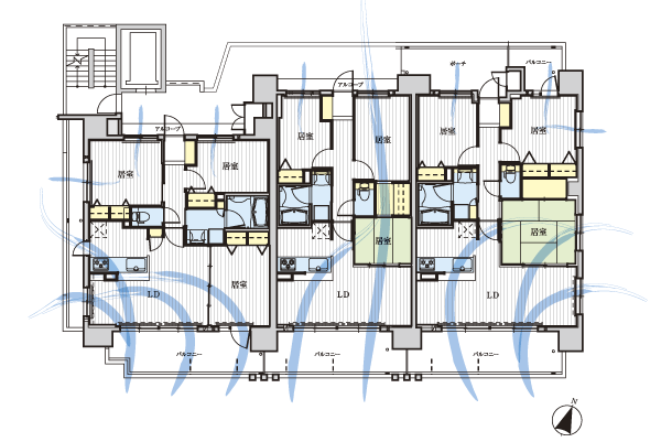 Features of the building.  [Floor plan] 1 floor 3 House ・ Zenteiminami direction ・ Planning full of open feeling of the 65% the corner dwelling unit rate than. Advanced equipment ・ specification, Design, While meeting such as the strength of the building, ventilation ・ To achieve a comfortable living with excellent lighting both (dwelling unit layout)
