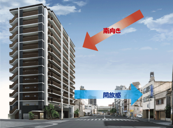 Buildings and facilities. Convenience of the station near the, Enjoy the colorful downtown, Life stage birth. Access to the Osaka center is also a comfortable location. Road to the front of the building, There are about 27m and openness (CG synthesizing Exterior - Rendering and local peripheral photo. Actual and slightly different)