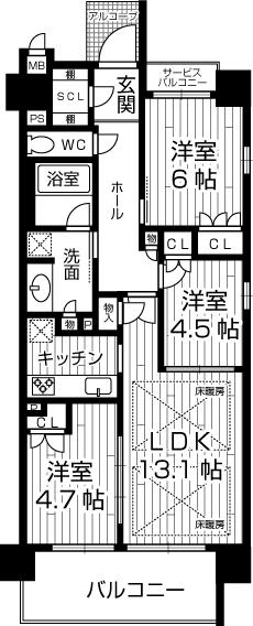 Floor plan. 3LDK, Price 39,800,000 yen, Occupied area 66.33 sq m , Balcony area 10.19 sq m
