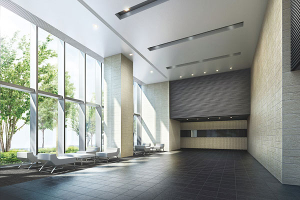 Features of the building.  [Entrance hall] Entrance Hall of the two-tier atrium filled with a feeling of opening. Color ring was a monotone and keynote, The accent of the wall decorated with glass and metal, Make up the simple and stylish space. (Rendering)