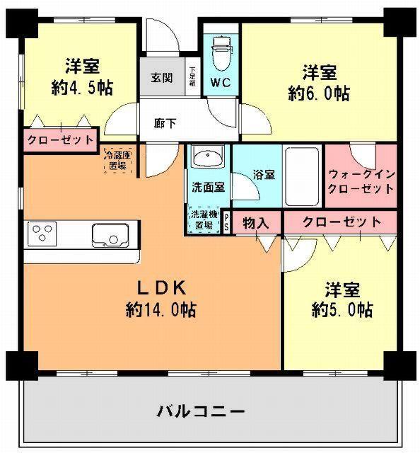 Floor plan. 3LDK, Price 23,900,000 yen, Occupied area 64.35 sq m , Balcony area 14.74 sq m