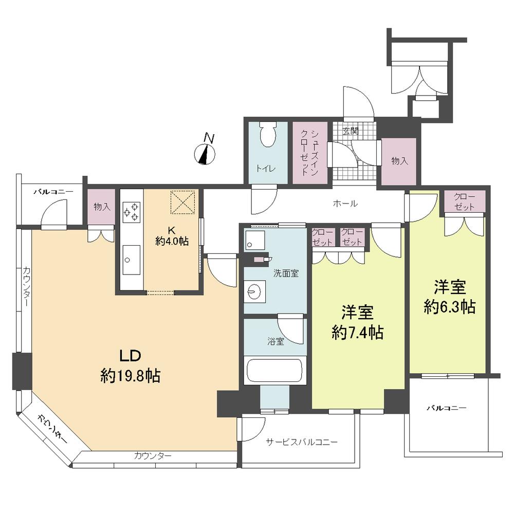 Floor plan. 2LDK, Price 74,800,000 yen, Occupied area 88.44 sq m , Balcony area 10.56 sq m