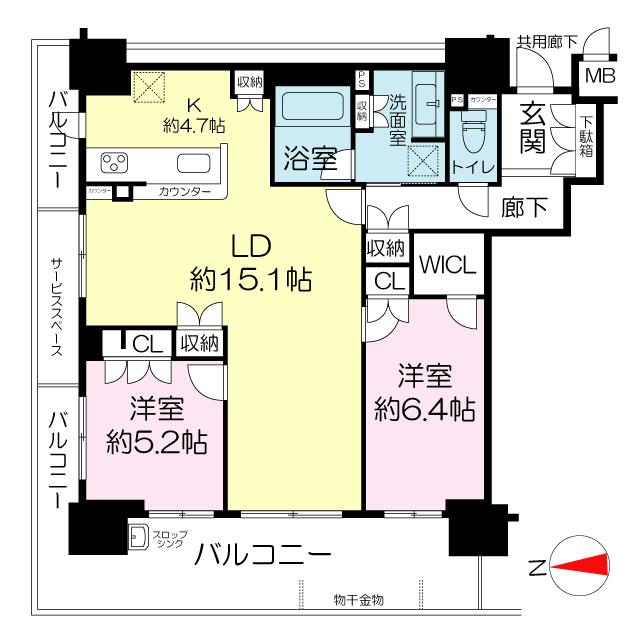 Floor plan. 2LDK, Price 41,500,000 yen, Occupied area 73.06 sq m , Balcony area 21.44 sq m