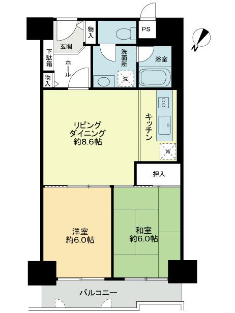 Floor plan. 2LDK, Price 12.8 million yen, Occupied area 54.54 sq m , Balcony area 6.66 sq m