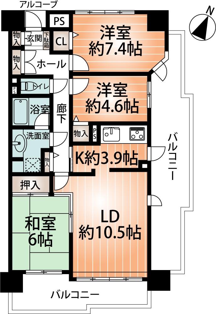 Floor plan. 3LDK, Price 18.5 million yen, Occupied area 75.68 sq m , Balcony area 24.92 sq m