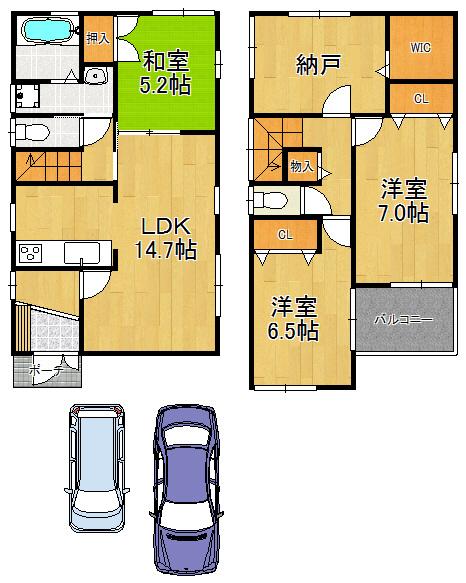 Floor plan. 30,800,000 yen, 4LDK, Land area 98 sq m , South-facing house with a building area of 94.77 sq m outstanding storage capacity of the walk-in closet