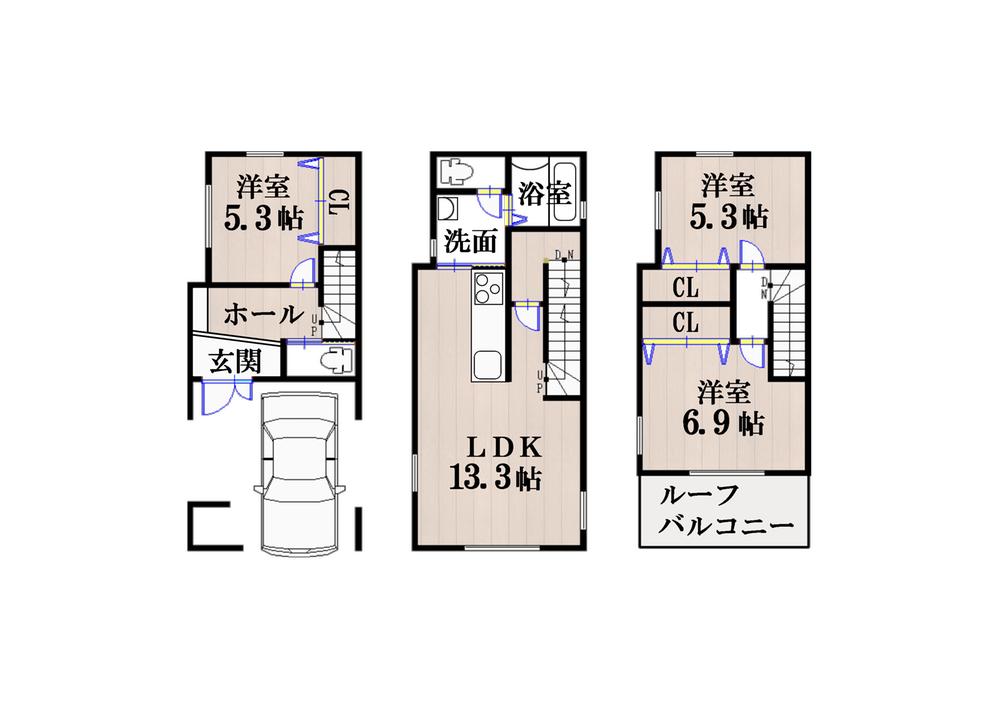Floor plan. 16.8 million yen, 3LDK, Land area 52.33 sq m , Building area 88.83 sq m bathroom, Is the house of a convenient built housework there wash room is on the second floor. 