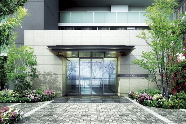 Features of the building.  [Entrance approach] Implantation of the plants and trees in front entrance, Produce a taste of color a certain season. Entrance facade is arranged an impressive eaves, Front wall and paste chic ivory tile, It is calm a look (Rendering)