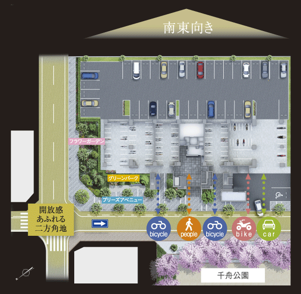Features of the building.  [Land Plan] Calm secluded from the main street, Moisture of Koenmae, Two direction land of independence ・ Enjoy the openness is the land plan (site layout)