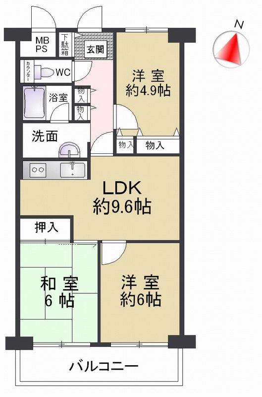 Floor plan. 3LDK, Price 8.8 million yen, Footprint 61.6 sq m , Balcony area 7.84 sq m south-facing top floor