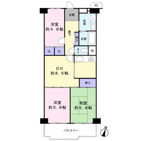 Floor plan. 3LDK, Price 11.3 million yen, Footprint 61.6 sq m , Balcony area 7.63 sq m