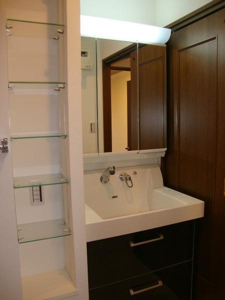 Wash basin, toilet. Storage space with plenty of vanity