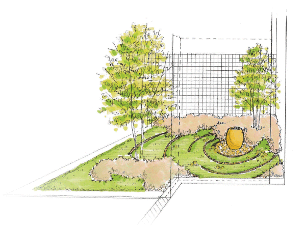 Features of the building.  [Inner Garden] On the first floor elevator hall next to, Arranged green planting and natural stone, Courtyard with a state in which the water crest is spread a taste simulating "water crest of the garden" has been installed. The evening will be directing a beautiful fantastic scenery spotlight (Rendering Illustration)