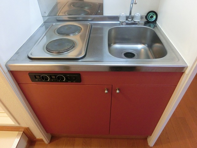 Kitchen. Dishes like happy two-burner electric stove