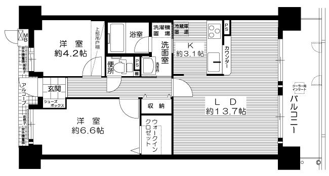 Floor plan. 2LDK, Price 13,900,000 yen, Occupied area 60.82 sq m , Balcony area 10.62 sq m